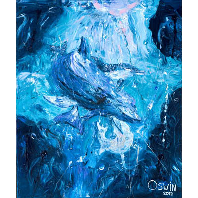 Artwork of three dolphing swimming in the deep blue water of the sea.
