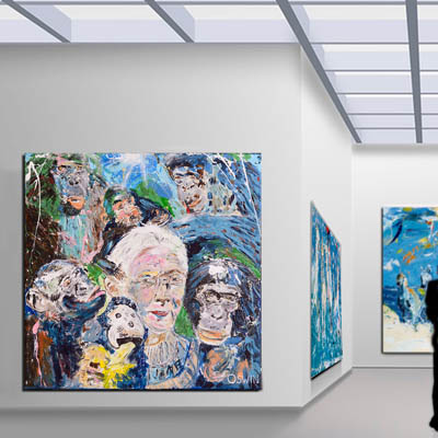 Tribute Dr. Jane Goodall, Artwork of Jane Goodall with chimpanzee and Gorilla, Monkey, primates,  Painting. Schilderij Dr. Jane Goodall, kunstwerk.