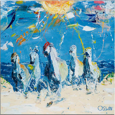 Horse painting, five horses running from the sea over the beach. Modern equine art. White horses with hidden treasures in the background. Semi figurative and contemporary artwork
