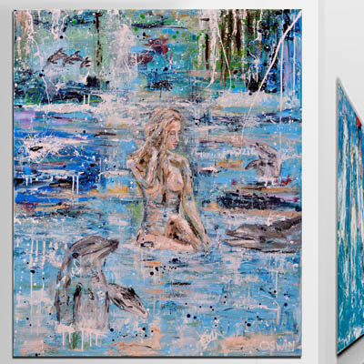 Female nude and nature, painting of a naked woman in the water with dolphins