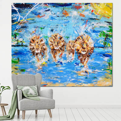 Painting of running lions coming out of the water - Four lions - Leeuwenschilderij - Leeuwen kunst - Oswin Gesselli 