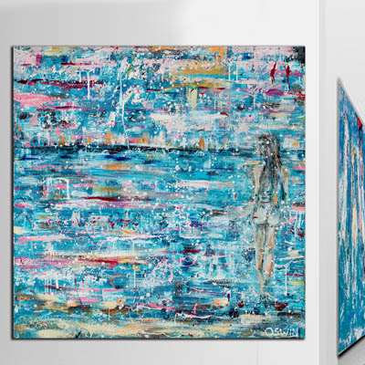 Seascape painting. Beachscene. Female nude. Contemporary sea artwork