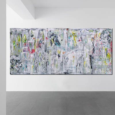 A spectaculair painting with quotes, hidden images like girafs and faces. One of a kind. Exclusive Art Series Hidden Treasures. Artwork. Puzzle art. To discover. Brutalism. Concrete design