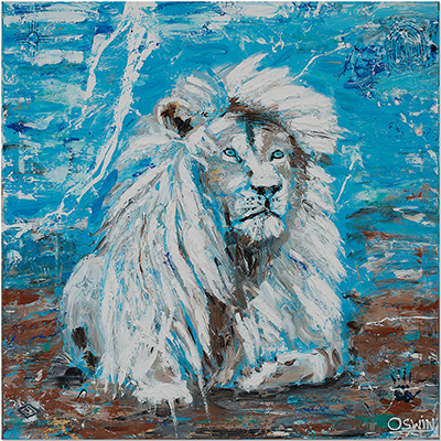 White Lion. Wild Cats. Art. Exclusive Art Series HIDDEN TREASURES. Witte leeuw schilderij met verborgen juwelen in de achtergrond. Hidden gems. Kunst Artwork
