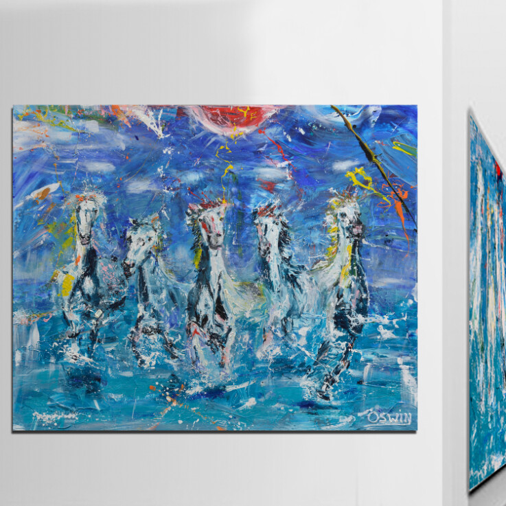 Horse painting. Seascape. Movement, horses running out of the water. Dynamic painting. Primary colors. 